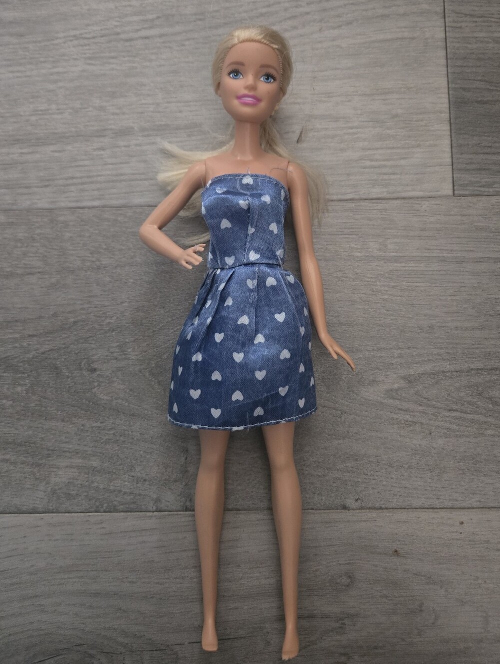 Mattel Barbie With Denim Blue Heart Print Strapless Dress
